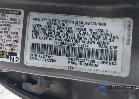 2004 Toyota Corolla Le from USA, damaged, VIN 2T1BR32E54C287744